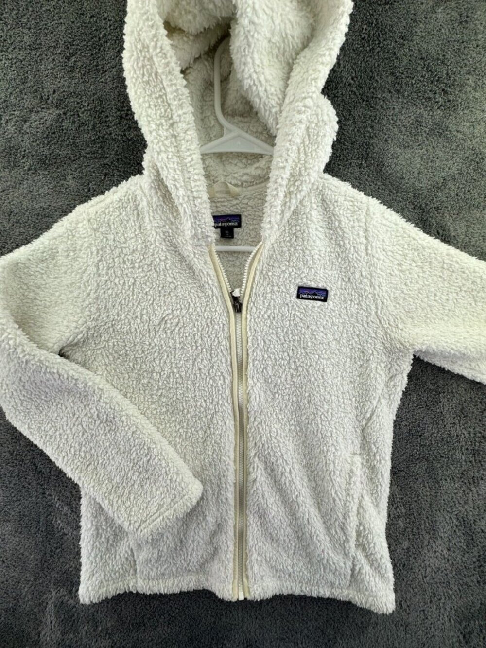 Patagonia Girls Hooded Jacket Hoodie Ivory White XL 14 W/ Logo Full Zip Soft